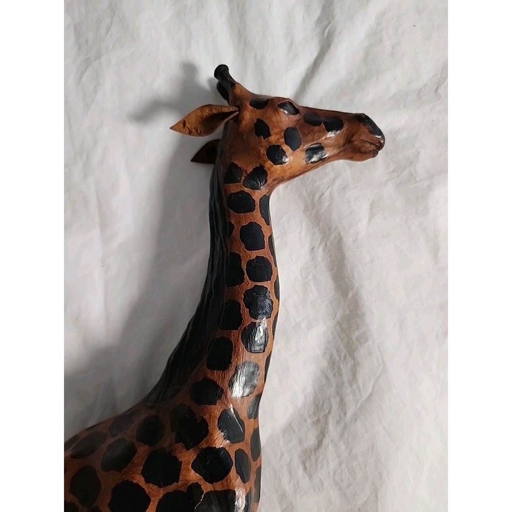 Vintage African Giraffe Sculpture Hand-Painted Leather Wrapped 15" Glass Eyes - Picture 9 of 10